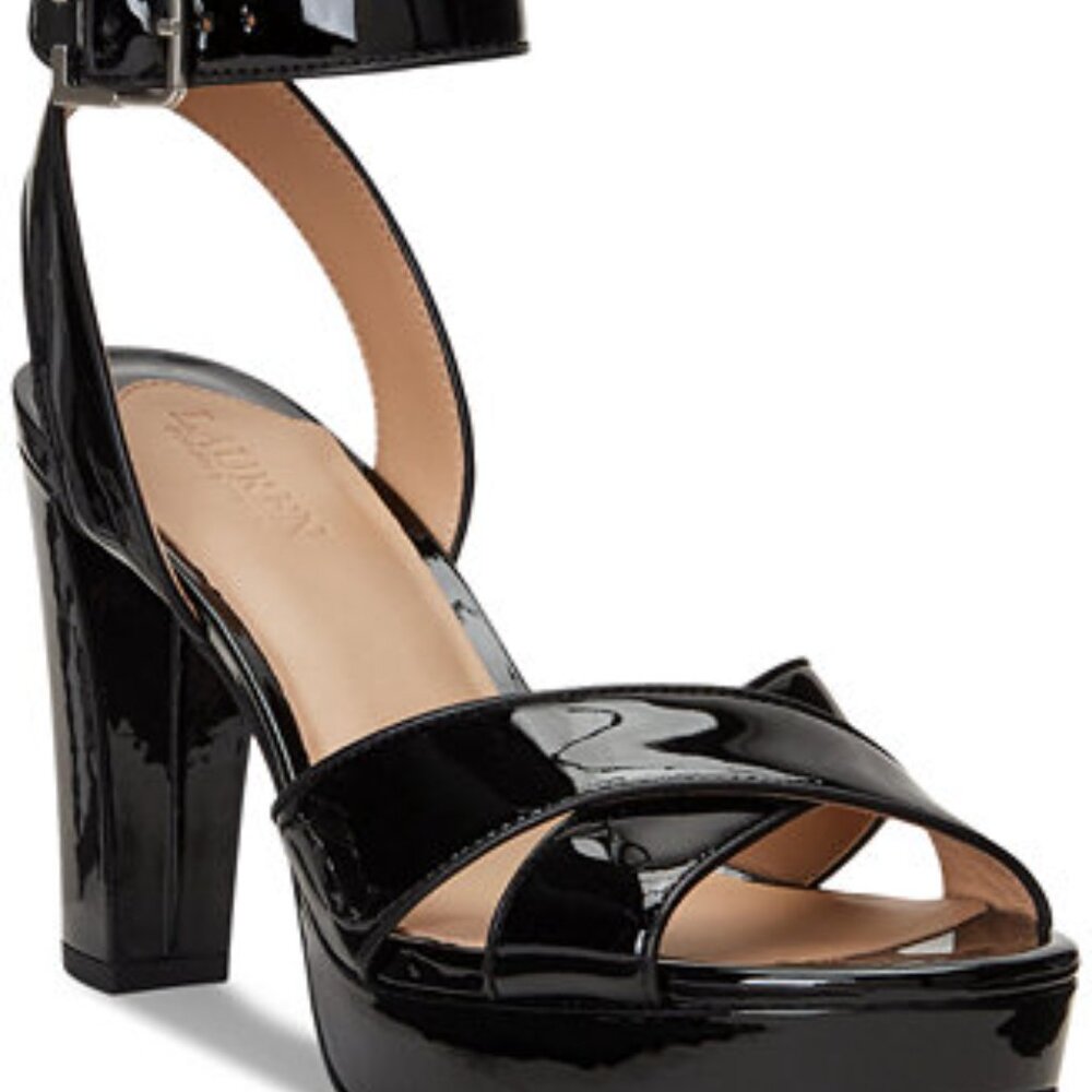 Lauren Ralph Leather Sasha Ankle-Strap Platform Black Dress Sandals sz 9.5B NIB